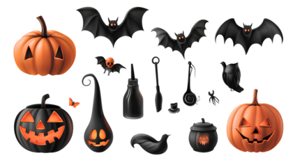 Halloween decorations elements isolated on transparent background