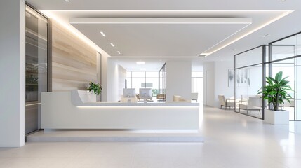 A high-resolution photo of a modern office lobby with clean lines and soft colors, professional and inviting,