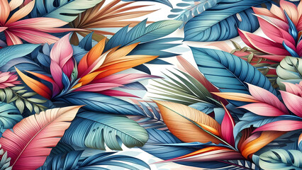 Colorful tropical floral leaves overlapping