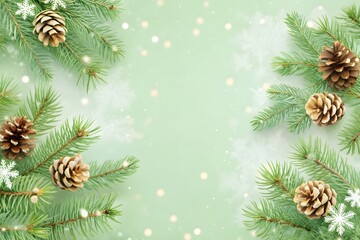 A festive Christmas tree branch with a garland against falling snow