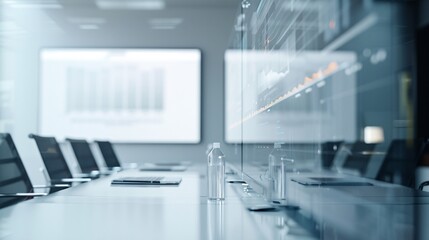 Fototapeta premium A high-resolution photo of a business meeting in a clean, modern conference room with a large screen, engaging and professional,