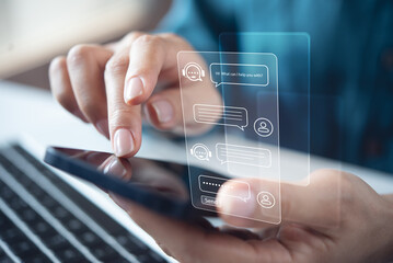Chatbot conversation assistant. Person using online customer service with chatbot to get support....