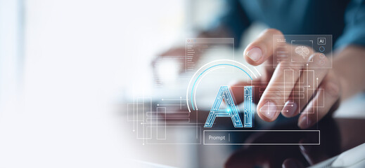 AI Artificial Intelligence. Business man using AI technology for data analysis, coding computer language with digital brain, machine learning on virtual screen, business intelligence