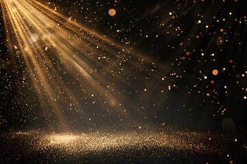 spotlight shines down from the top of empty stage, creating a golden light effect on a black background. A white beam with glittering particle and dust forms a sparkling trail for celebration or award