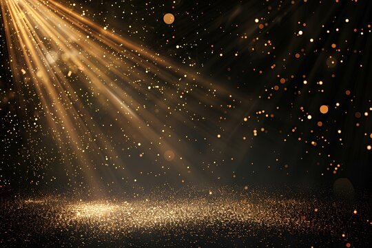 spotlight shines down from the top of empty stage, creating a golden light effect on a black background. A white beam with glittering particle and dust forms a sparkling trail for celebration or award