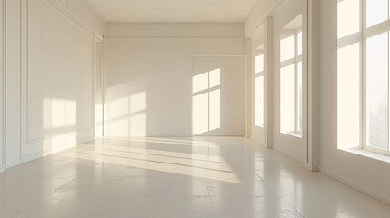 Sunlight streams through large windows in a spacious white room, casting long shadows on the floor and walls. The minimalist design and natural light create a bright and airy ambiance.