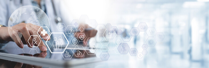 Medical insurance and family medicine concept. Doctor using digital tablet with medical technology,...