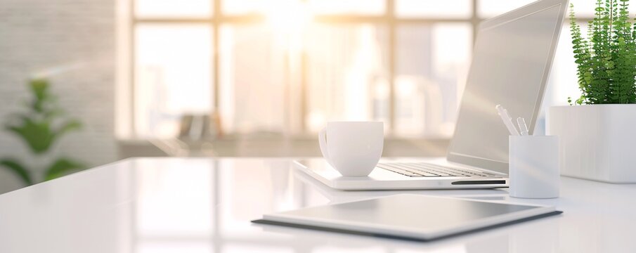 A high-resolution photo of a clean and modern office workspace with a laptop and notepad, soft natural light,