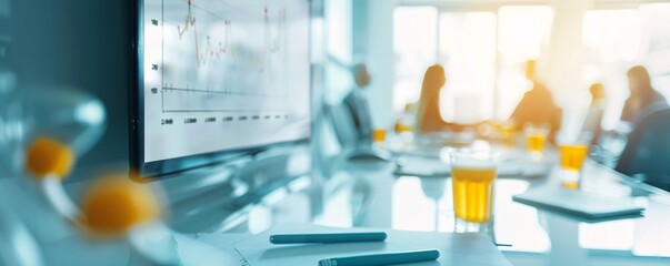 A high-resolution photo of a business team having a meeting in a bright, modern conference room, clean and professional,