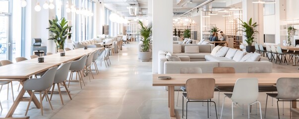 A high-resolution photo of a modern coworking space with professionals working, clean and collaborative atmosphere,