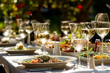Outdoor party scene with a long table adorned with various dishes and glasses of wine, set for a formal dinner or special occasion, featuring exquisite tableware and a scenic outdoor setting
