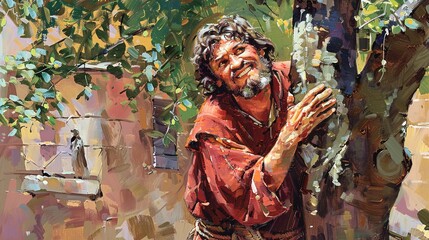 Illustration of Jesus and Zacchaeus in the city - religious art print for sale