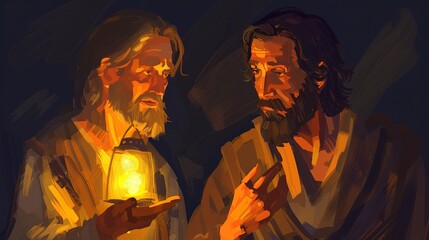 "Jesus and Nicodemus in Night Scene: Beautifully Detailed Christian Illustration"