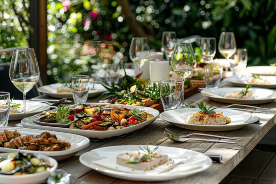 Outdoor party scene with a long table adorned with various dishes and glasses of wine, set for a formal dinner or special occasion, featuring exquisite tableware and a scenic outdoor setting