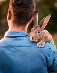 Naklejka premium young man cuddling a rabbit, AI generated