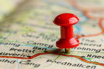 Red Push Pin Marking a Destination on a Road Map, Travel, Adventure and Journey Concept,