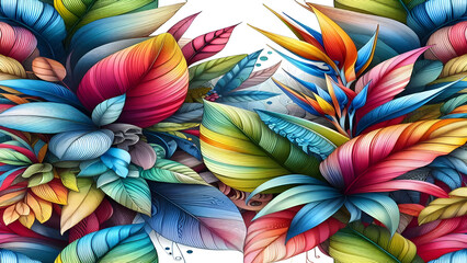 Colorful tropical floral leaves overlapping