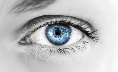 Iris blue eye on a white background, a close-up shot with a black and white filter. Web banner with copyspace