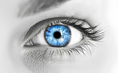 Iris blue eye on a white background, a close-up shot with a black and white filter. Web banner with copyspace