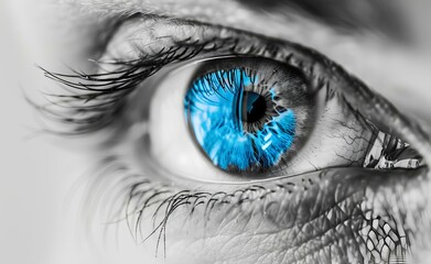 Naklejka premium Iris blue eye on a white background, a close-up shot with a black and white filter. Web banner with copyspace