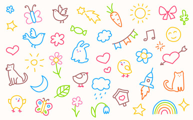 Obraz premium Children colored doodles background. Cute kid scribble line hand drawn. Doodle sketch childish element set. Vector illustration isolated on white.
