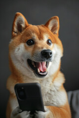 Shiba Inu looking surprised at smartphone generated by AI

