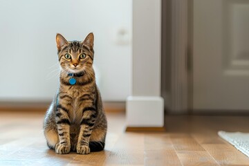 A cute tabby cat wearing a collar sits on the floor in the living room, with a white wall and wooden flooring. A blue tag is around its neck, indoor 