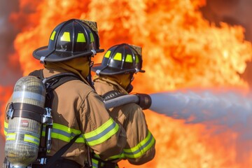 Fototapeta premium Two Firefighters in Full Gear Battling a Raging Inferno, Courage in the Face of Danger