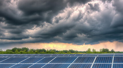 Vibrant Solar Panel Landscape, sustainable energy solutions, green technology, environmental harmony, renewable resources, ecological balance, climate action, nature and innovation, clean energy futur