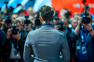 Fototapeta premium World press conference, the speaker facing the camera