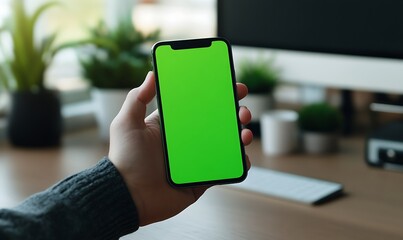 Close-up of a Hand Holding a Smartphone with Green Screen