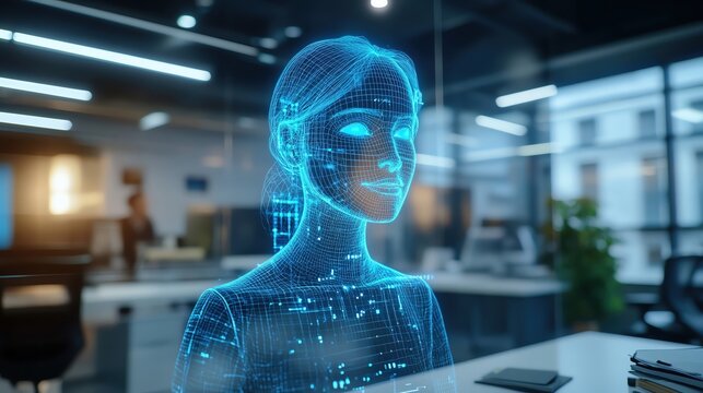AI assistant hologram in a modern office, AI communication, workplace efficiency