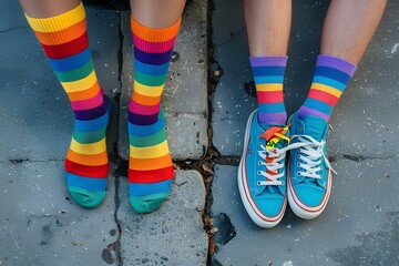 young man and woman wearing colorful rainbow socks, sitting on the street with their feet crossed over each other, wearing white sneakers