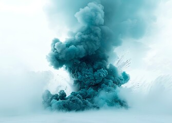 teal smoke bomb creating an artistic burst in the snow, isolated on white background with simple and clean style.