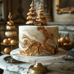 Elegant Golden Cake with Christmas Trees