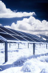 Snowy Infrared Solar Farm Landscape, sustainable energy solutions, green technology, environmental harmony, renewable resources, ecological balance, climate action, nature and innovation, clean energy