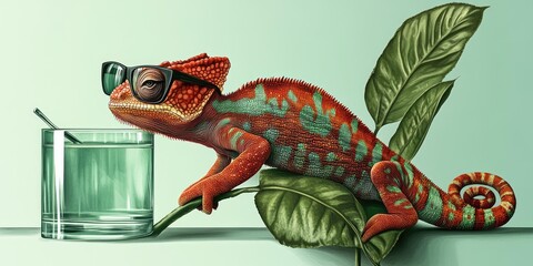 Fototapeta premium Vibrant Chameleon with Sunglasses Relaxed Beside a Refreshing Drink