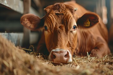 Cizzu brown cow eating hay in farm, close up shot of animal face and mouth with straw, rustic barn background, close-up of an orange color calf eating hay from its nose