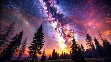 Fototapeta premium Breathtaking Milky Way Over Pine Forest at Twilight, Stunning Night Sky with Vibrant Colors