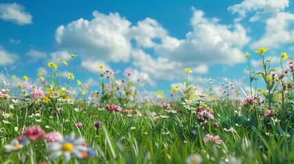 3D rendering of a grassy meadow with colorful wildflowers on a blue sky background. A beautiful spring or summer landscape with a field and yellow, white flowers. A concept for nature, environment 