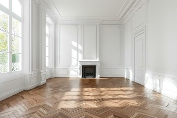 Empty living room with herringbone parquet floor and fireplace in white empty apartment in Paris, France.