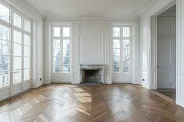 Obraz premium Empty living room with herringbone parquet floor and fireplace in white empty apartment in Paris, France.