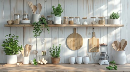 Scandinavian classic kitchen with wooden and white kitchen accessories, minimalistic interior design, 3d illustration.