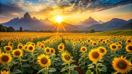 Golden Sunflowers in Bloom at Dawn, Scenic View with Mountains and Radiant Sunrise