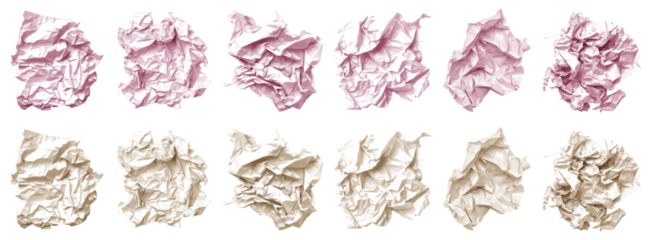 Collection set of pastel light pink beige cream crumple wrinkle crushed scrunch ripped irregular shape paper on transparent cutout, PNG file. Many different design. Mockup template artwork graphic