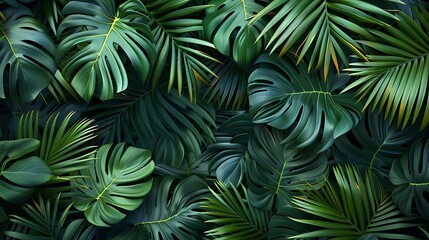 A background of tropical leaves texture, detailed patterns of overlapping palm fronds, deep green shades, exotic and natural feel, hd quality, natural look. --ar 16:9 --v 6.0 --s 250 --style raw