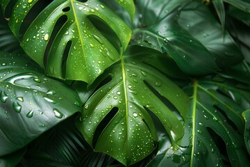 close up of large green leaves with water droplets on them, tropical rain forest background, Dark green leaf texture for banner or wallpaper