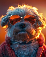 Dog Wearing Sunglasses at Sunset.