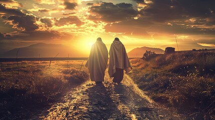 An Illustration of The Road to Emmaus - Jesus Walks with Followers