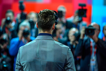 World press conference, the speaker facing the camera